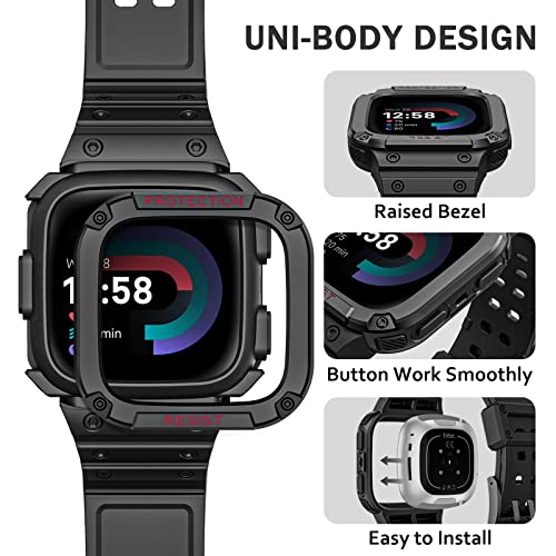 FINTIE Black Rugged Watch Band with Case Compatible with Fitbit Versa & Sense Series