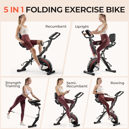 5-in-1 Folding Exercise Bike with Back Support Cushion - Black Red
