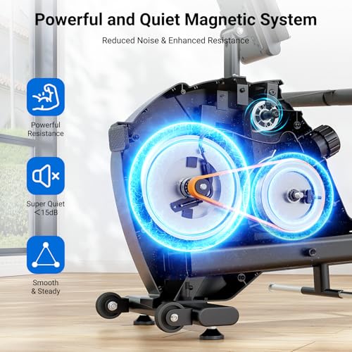 Magnetic Rowing Machine for Home Gym - 350 LBS Capacity, Dual Slide Rail, 16 Levels Resistance, App Supported - Orange Black