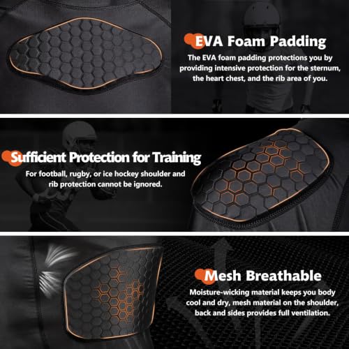 Eicolorte Men Padded Chest Rib Protector Shirt Small Black Football Gear
