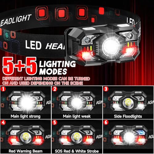 Rechargeable Headlamp Flashlight - 3000 Lumen, 6 Pack with Motion Sensor