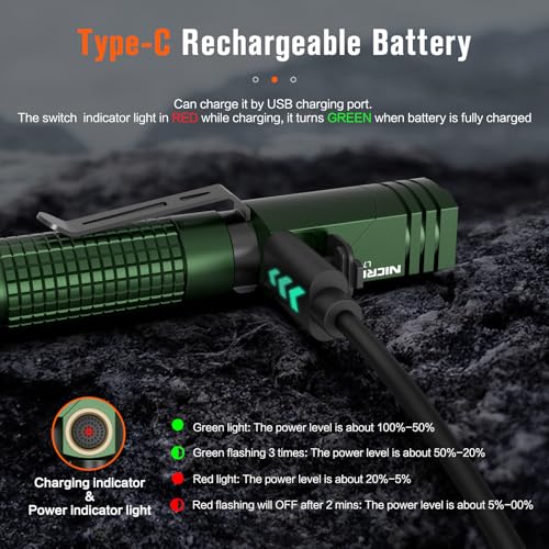 NICRON L74 Mini Flashlight 400 Lumens 90 Degree IP65 Waterproof with Magnet EDC Small Tactical Flashlight Rechargeable Pocket Light 6 Modes Best high lumens for Camping, Outdoor (Green)