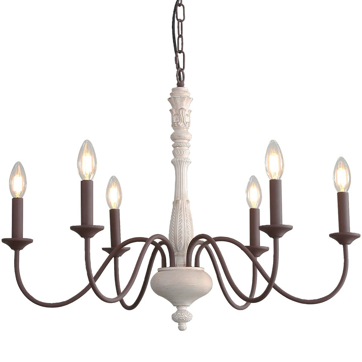 French Country Chandelier,6-Light Farmhouse Chandelier Vintage Candle Dining Room Lighting Fixture Brown White Antique Industrial Chandeliers for Living Room Kitchen Island Foyer Bedroom Lighting