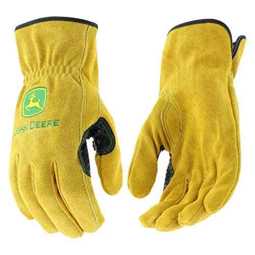 John Deere JD00004 Leather Gloves - Medium Size Split Cowhide Work Gloves with Shirred Elastic Wrist. Hand Protection Wear