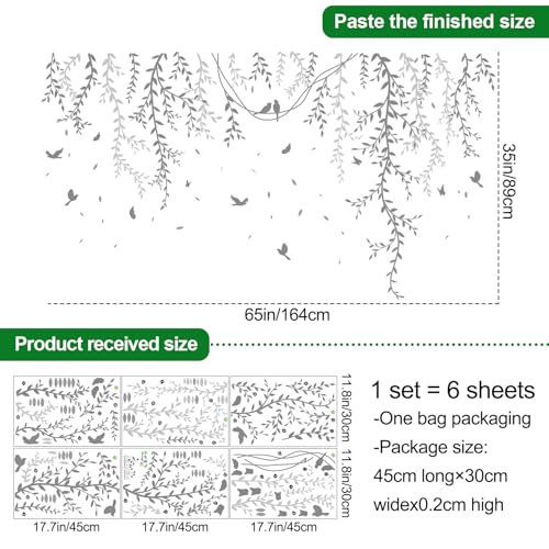 3D Removable Grey Vines Wall Stickers - Peel & Stick DIY Wall Decals with Flying Birds, Waterproof PVC Wall Decor for Kids Room, Bedroom, Living Room, Office (30x45cm x6, 89x164cm Coverage)