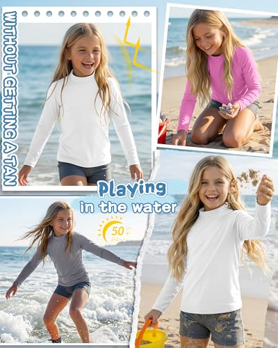 Kids' Long Sleeve Rash Guard Swimwear - UPF 50+, Mock Neck, 3 Pack - Pink, Gray, White | Ages 13-14
