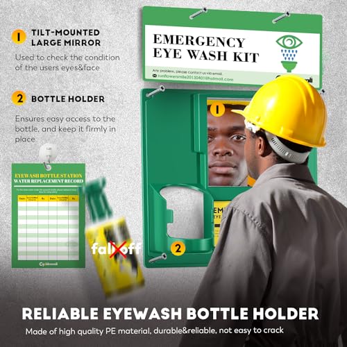 CGOLDENWALL Newly Released Portable Eye Wash Station OSHA Approved Emergency Eye Wash Kit Wall Mounted, Upgraded Bottle Holder&Larger Mirror, 16.9oz Bottles, NO Solution (Green Cap)