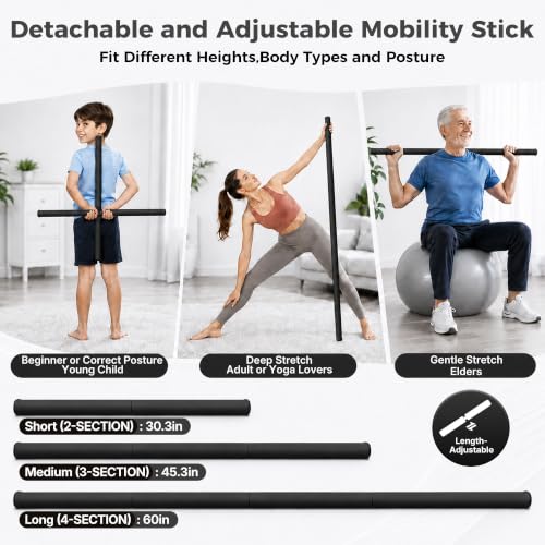 Wolfbird 5ft Black Yoga & Stretching Stick for Flexibility, Portable & Adjustable