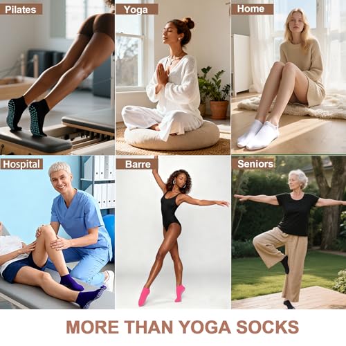 Non-Slip Pilates Socks with Grips for Women - 5 Pairs, Black, White, Gray, Pink, Purple