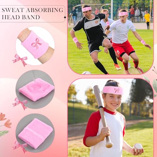 Sports Headband & Wristband Set - Pink Bow Theme - 6 Pcs
