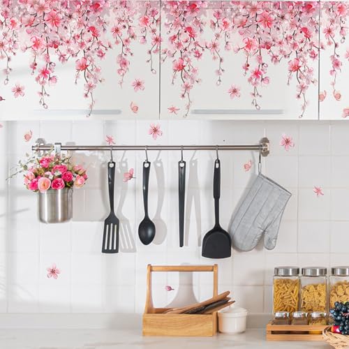 Cherry Blossom Flower Vine Wall Decal Peel and Stick Removable Floral Wall Art for Girls Bedroom Nursery Living Room Decor with Hanging Vines Blossoms