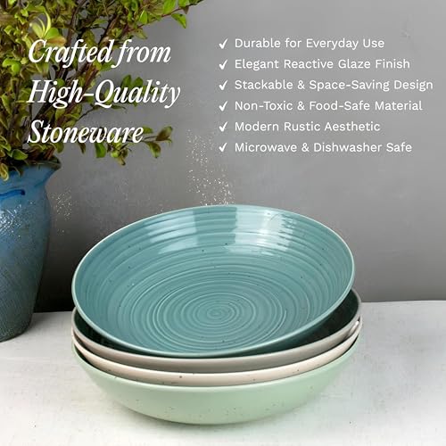 Sango Siterra Artist's Blend Pasta Bowl Set - Aqua Variation, 4 Pack, 9-inch Stoneware