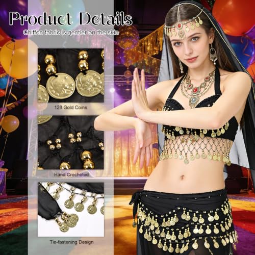 Belly Dance Hip Scarf with 128 Coins - Black Tie Waist Wrap