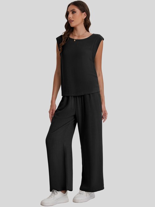 Bloggerlove Womens Summer 2 Piece Outfits Sleeveless Tank Top Wide Leg Pants Linen Jumpsuits Lounge Matching Beach Sets