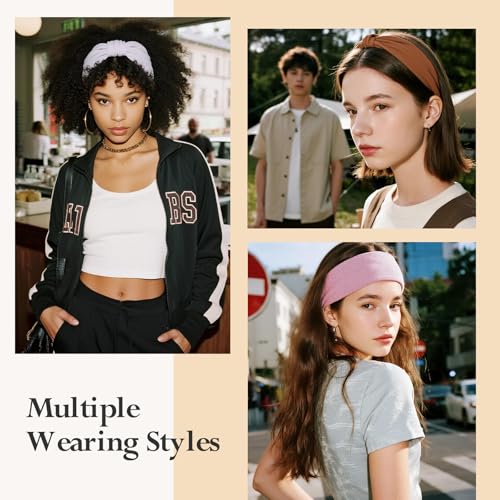HSEM 6-Pack Wide Non-Slip Elastic Headbands for Women - Grey, Navy, Brown, White, Pink, Black