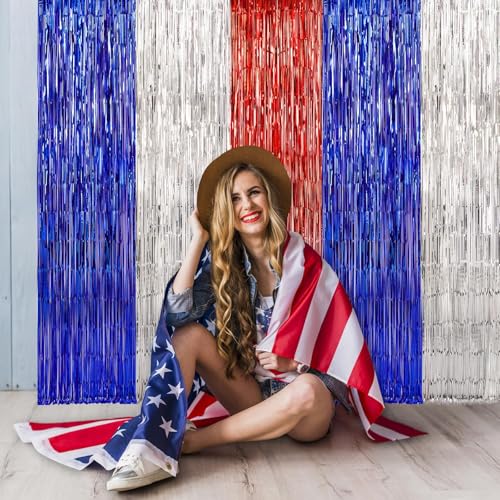 LOLStar 3 Pack 4th of July Red White Blue Foil Fringe Curtains - Patriotic Party Decorations