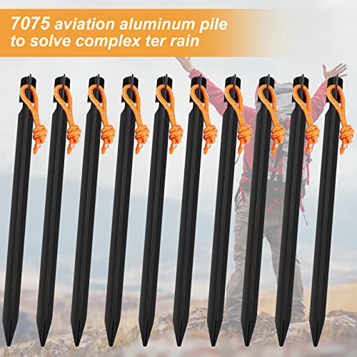 Heavy Duty Aluminum Tent Stakes - 10 Pack with Reflective Drawstring