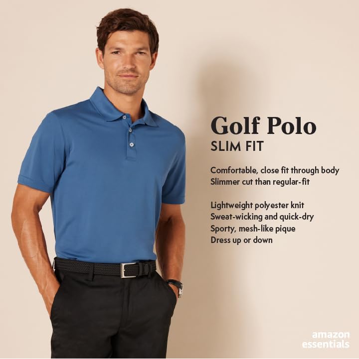 Amazon Essentials Men’s Slim-Fit Quick-Dry Golf Polo Shirt, Recycled Polyester, Black, Large