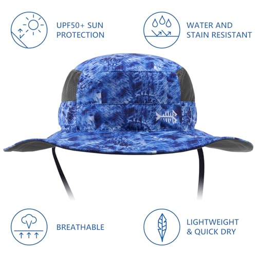 BASSDASH UPF 50+ Water-Resistant Wide Brim Bucket Hat for Fishing, Hiking & Camping - Blue Camo, Large