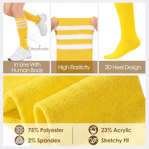 Womens Athletic Knee High Socks - Yellow & White Stripes, One Size