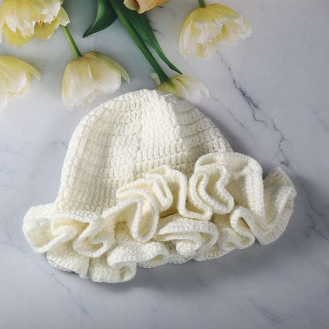 Women Crochet Bucket Hat Handmade Knit Boho Floppy Cap - White, 7-7 1/4