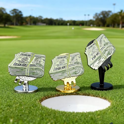 Golf Ball Marker with Dollar Cash Stack Design - Magnetic Hat Clip - Black