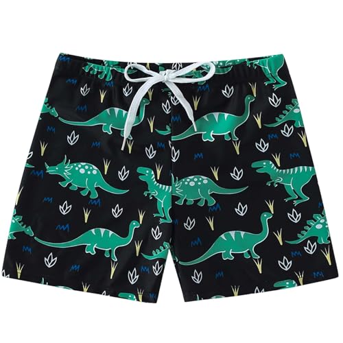 Boys Swim Trunks Quick Dry Board Shorts - Yellow Flower Black Dinosaur, 7-8 Years