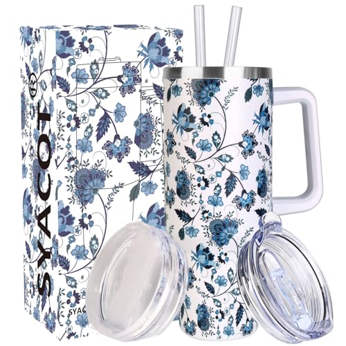 SYACOT 40 oz Insulated Stainless Steel Tumbler with Handle, Straw & Leak Proof Lid - Ceramic Variation