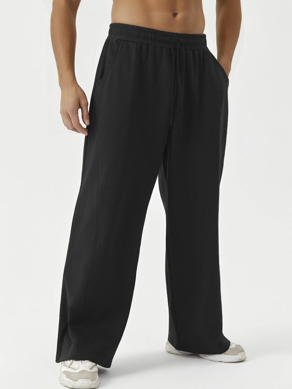 ATOFY Men's Baggy Sweatpants Wide Leg Pants Elastic Waist Drawstring Loose Lounge Joggers Sweatpant with Pockets Black