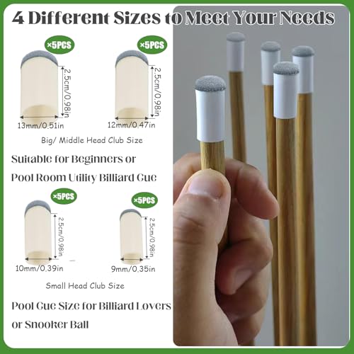 20pcs Slip-On Pool Cue Tips Replacement Kit - 4 Sizes (9mm-13mm)