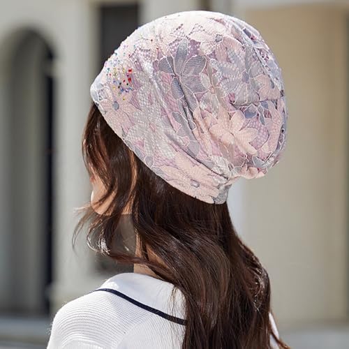 Light Pink Rhinestone Lace Beanie for Women - Lightweight Fashion Hat