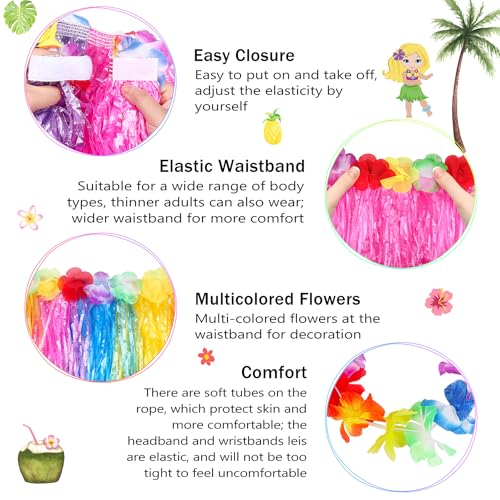 Fortuning's JDS Girl Elastic Hawaiian Hula Skirt Set with Flower - Blue/Yellow/Pink