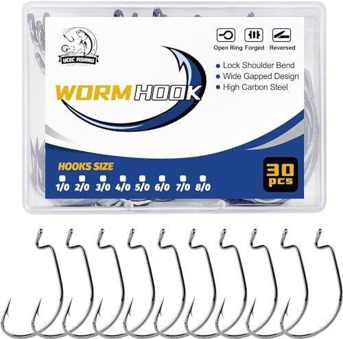 EWG Offset Worm Fishing Hooks 2/0 - 30pcs for Bass Fishing