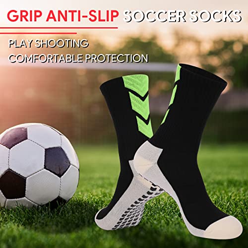 Anti-Slip Athletic Soccer Socks - Youth & Mens - 3 Pairs - Black/White/Green