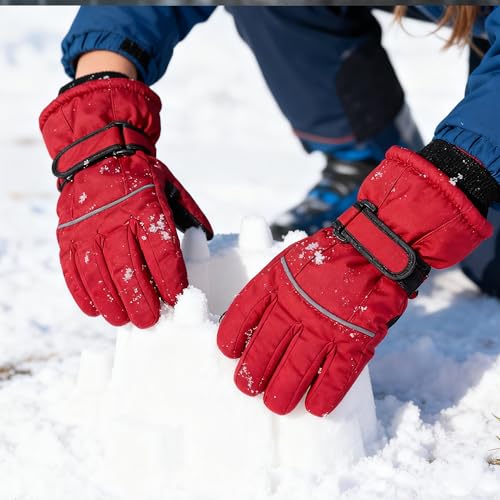 Kids Winter Ski Gloves - Warm Windproof for 5-10T - Curved Red
