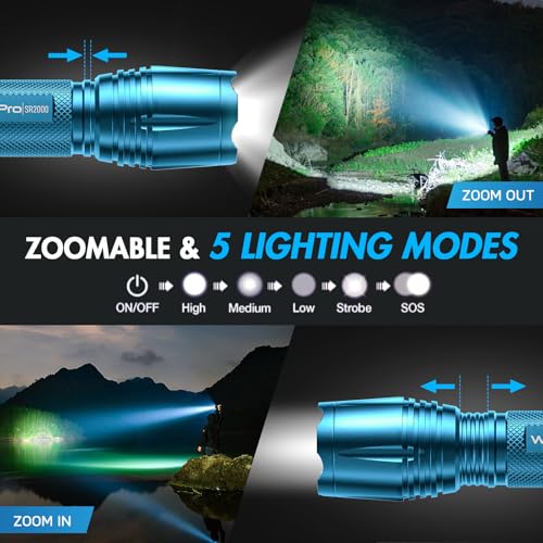 WdtPro LED Flashlight High Lumens SR2000 Pro, 4 Pack Brighter Tactical Flashlights with 5 Modes & Zoomable, Powerful Mini Flash Light for Emergency, Camping, Hiking (Colorful)