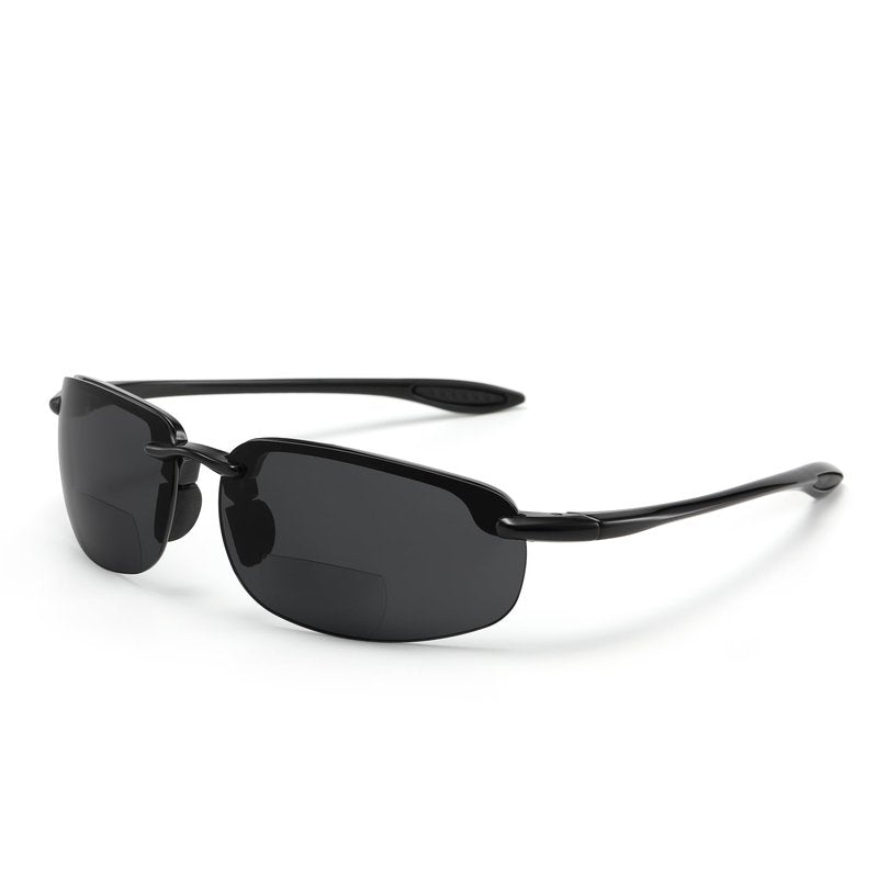 ZIHVEUC Tr90 Rimless Polarized Bifocal x1.5 x2.0 x2.5 Reading Sunglasses for Fishing/Driving Wrap Around Sport Sun Readers(Black Frame/Grey Lens,200)