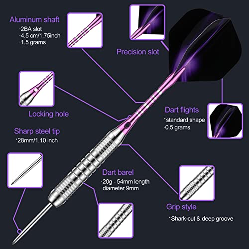 DARTSPACE 12 Pack Black & Purple Metal Tip Darts Set 22/24g with Aluminum Shafts
