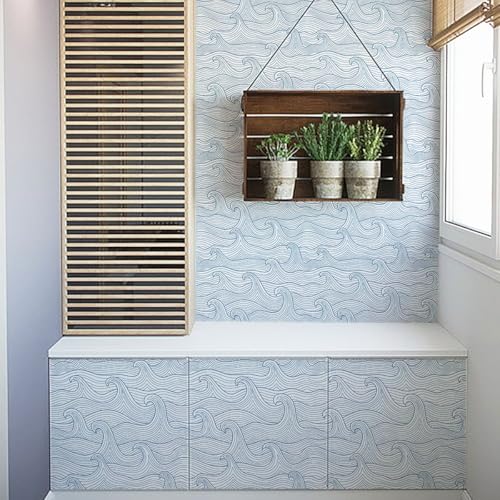 Okydoky Peel and Stick Wallpaper, Modern Wave Self-Adhesive Wall Paper, Blue Removable Wallpaper, Contact Paper for Bedroom Cabinet Bathroom Decoration 17.3"x118", No.96141-1-3