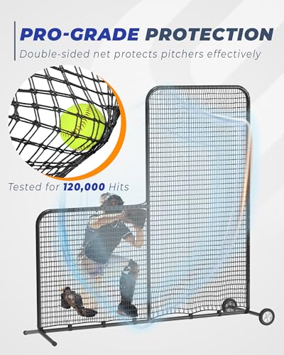 7x7ft Baseball L Screen with Wheels - Pitcher Protector Net