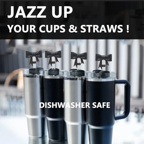Glitter Black Bow Straw Covers - 3 Pcs Silicone Toppers for Stanley 30 & 40 oz Tumblers