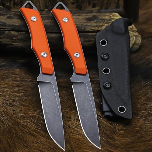 BA-KOR 9Cr18MoV Full Blade Fixed Knife C10 Stem (Orange) with G10 Handle, 8in, 4mm Thick, Stone-Washed Finish, Kydex Sheath for Camping & Survival