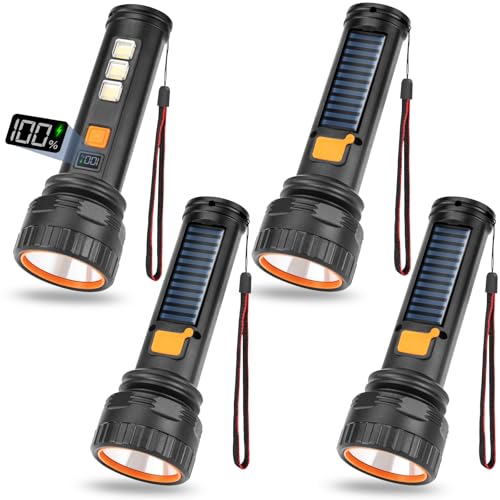 KERNOWO Solar Flashlights, 1500 Lumens Led Solar Powered Flashlight with Digital Display 2000mAh Battery Rechargeable Handheld IP65 Waterproof Flashlights for Survival Emergencies, 4 Pack