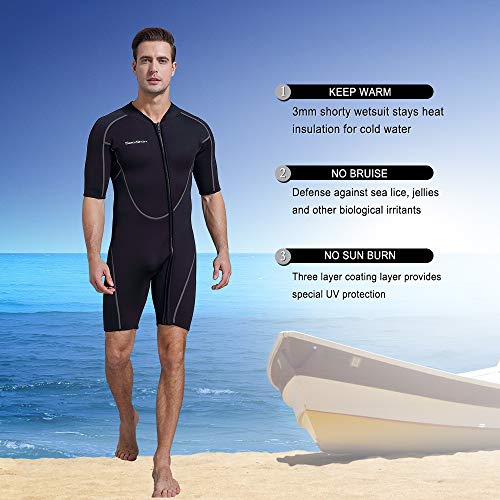 Men's 3mm Shorty Wetsuit - Full Body Front Zip for Diving, Snorkeling, Kayaking - Large