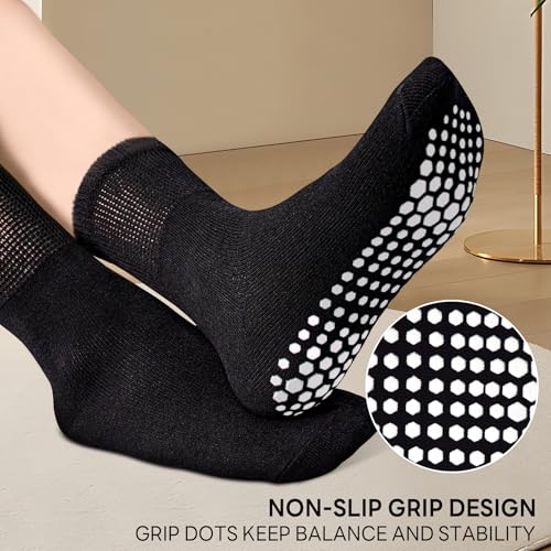 Non-Slip Pilates Grip Socks for Women - Mid-Calf - 3 Pairs - Black/White/Grey