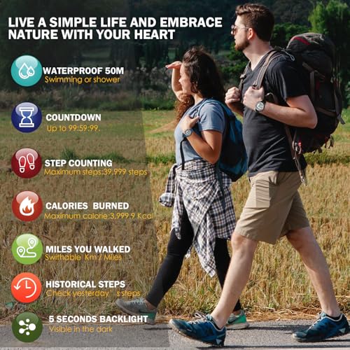Pedometer Watch for Walking - No Charging, EL Backlight - Black