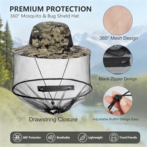 Sucrain Camouflage Mosquito Head Net Hat Sun Hat with Hidden Mesh for Outdoor Gardening & Beekeeping