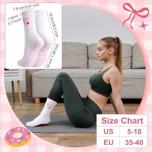 Non-Slip Yoga & Pilates Socks for Women - Embroidered Pink Afternoon Tea, 3 Pair