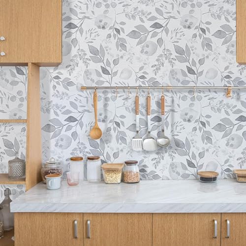 Gray Breezy Leaves Peel and Stick Wallpaper 17.7¡± x 118¡± Neutral Watercolor Floral Leaf Contact Paper Self-Adhesive Vinyl for Drawer Cabinets Furniture Accent Walls