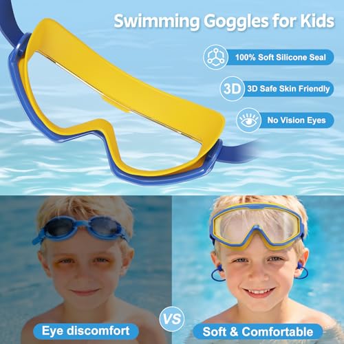 Kids Swim Goggles with Earplugs - Wide View, Anti-Fog, UV Protection - Blue Yellow